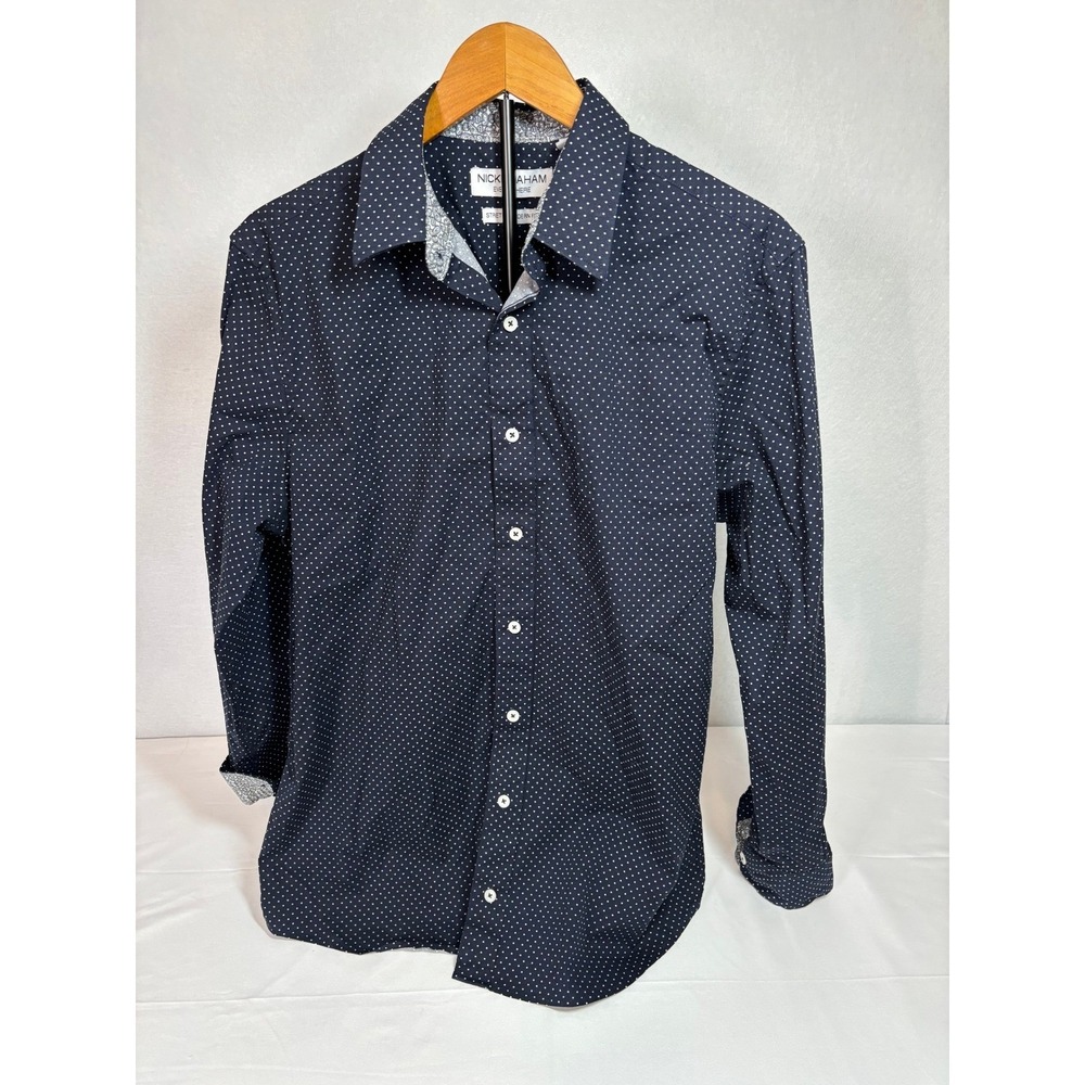 Nick Graham Everywhere Mens Navy PolkaDot Stretch Modern Fit Button Down Shirt L